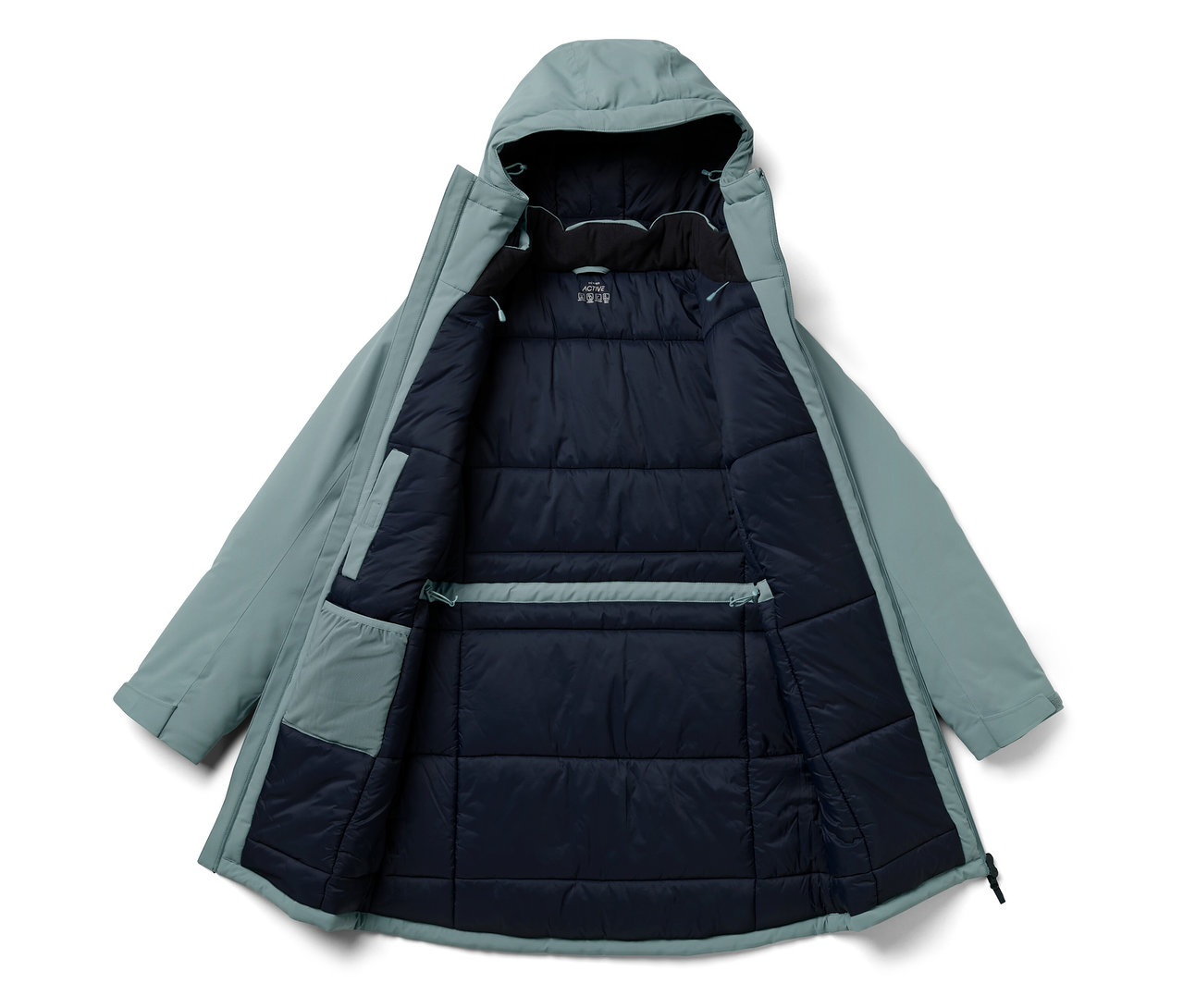 Geöffnete hellgrüne Kapuzenjacke mit dunkelblauer Innenseite.