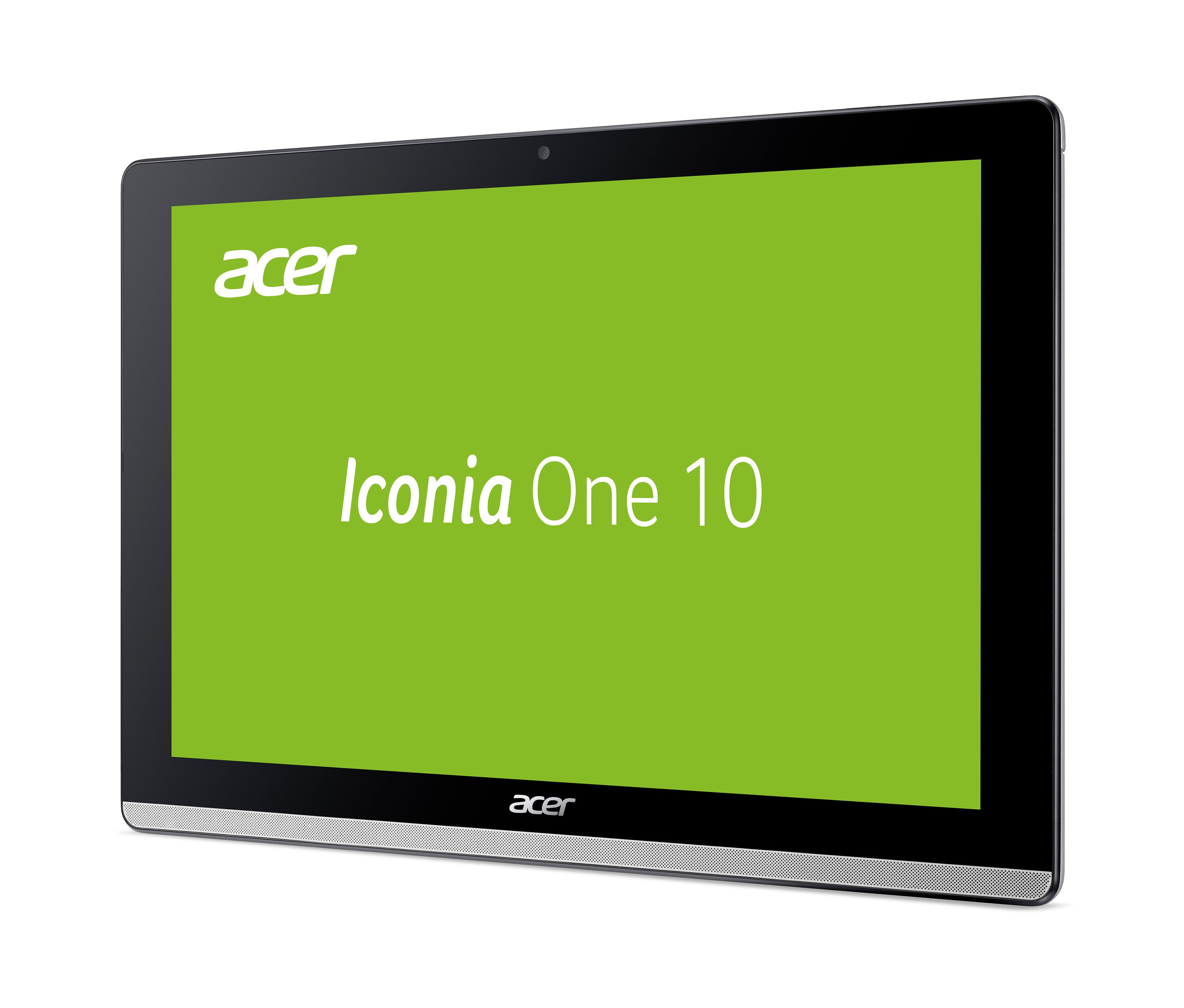 Schwarzes Acer Iconia One 10 Tablet mit Schriftzug auf grünem Bildschirm.