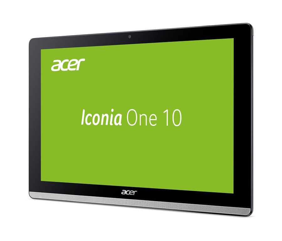 Schwarzes Acer Iconia One 10 Tablet mit Schriftzug auf grünem Bildschirm.