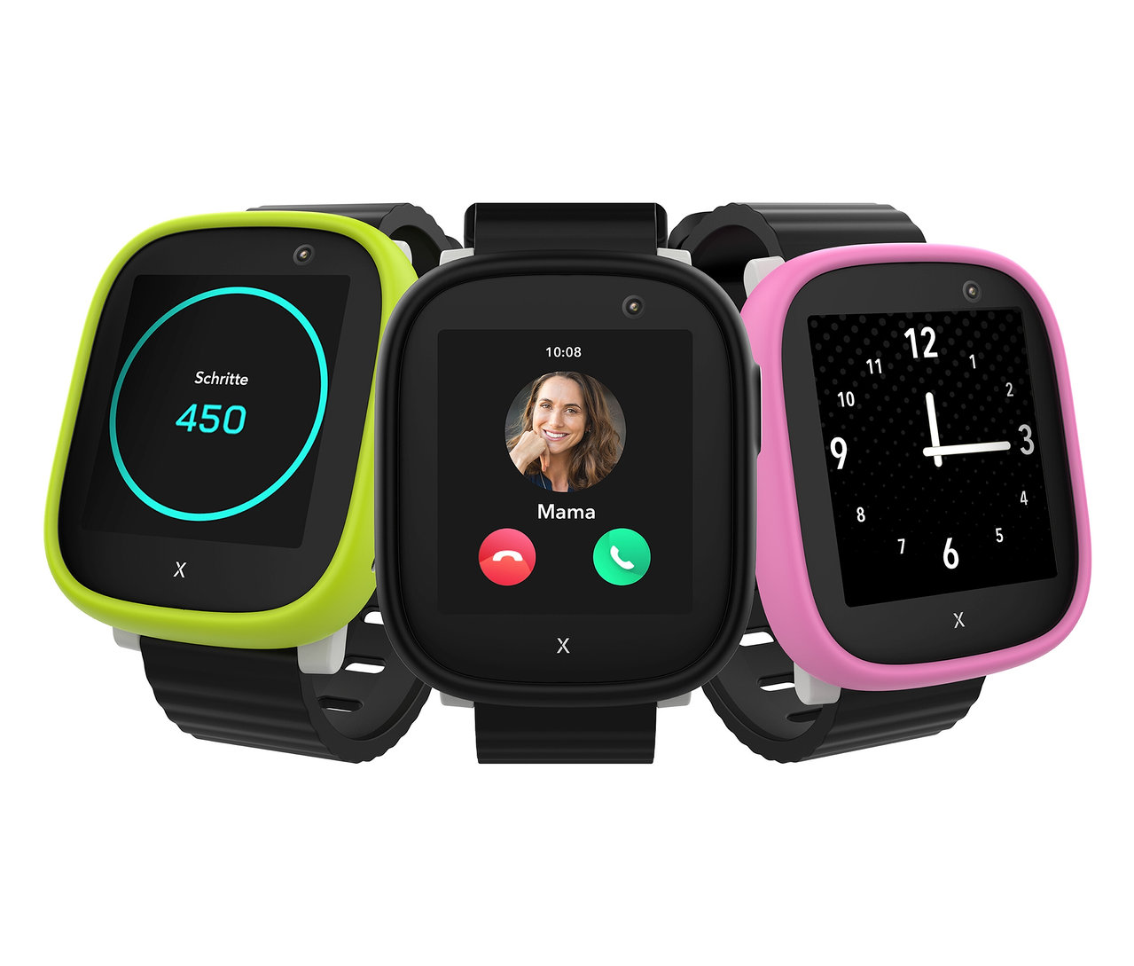 Drei Kinder Smartwatches Xplora X6Play mit verschiedenen Anzeigen: Schritte, Anruf und Uhr.