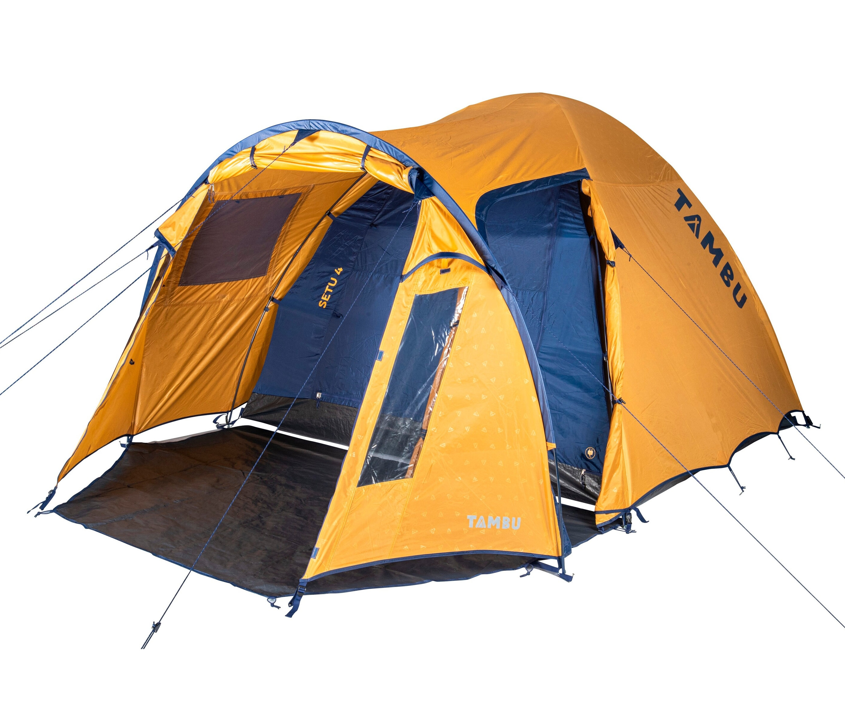 Gelb-blaues Tambu Setu 4 Kuppelzelt für vier Personen.