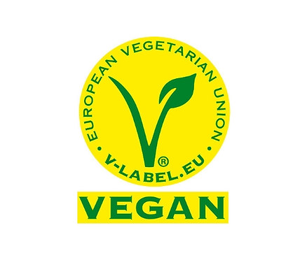 Gelbes Logo mit dem Schriftzug EUROPEAN VEGETARIAN UNION, dem V-Label Logo und dem Wort VEGAN.