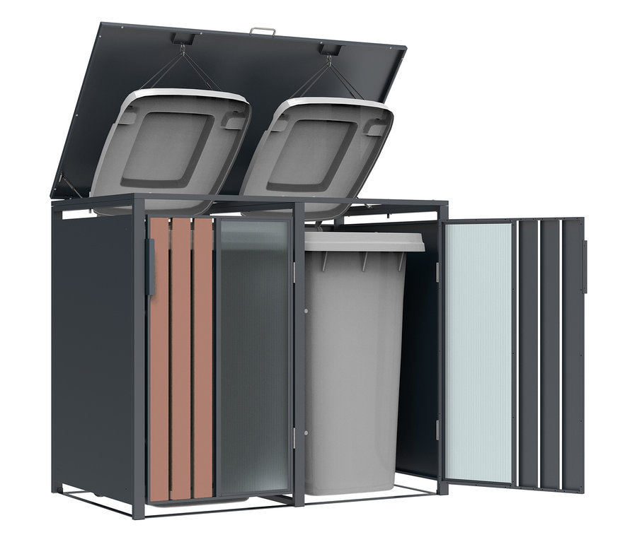 Geöffneter Mülltonnenbox für draußen mit farbigen Türen und grauem Mülleimer.