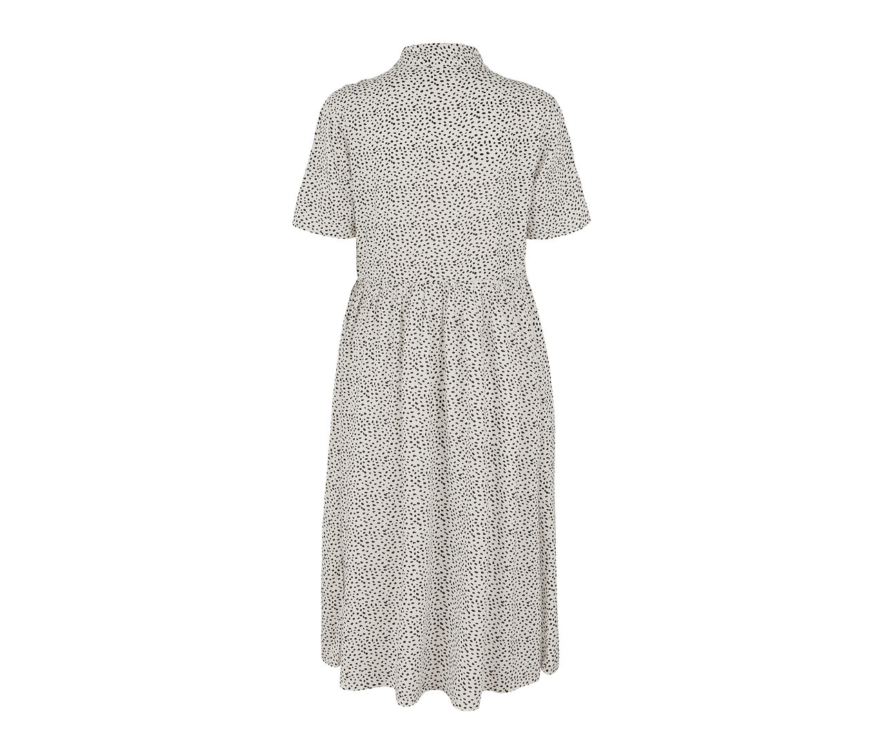 Rückansicht eines kurzärmeligen Hemdblusenkleids mit Print.