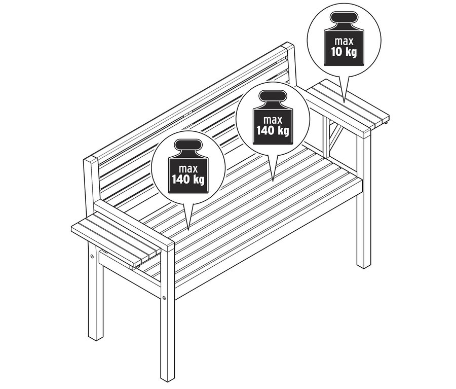 Illustration einer Gartenbank »Lenja« mit ausklappbaren Armlehnen und Belastungsgrenzen.