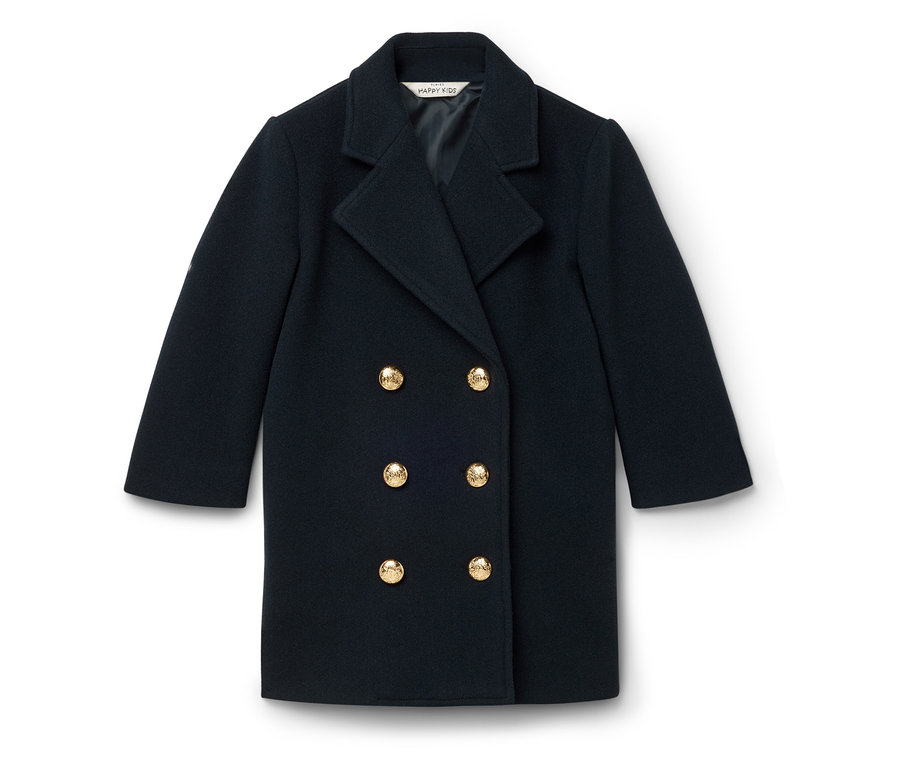 Dunkelblauer zweireihiger Mantel mit goldenen Knöpfen.