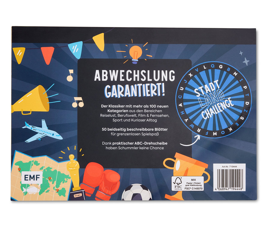 Bild mit dem Text ABWECHSLUNG GARANTIERT! (Abwechslung garantiert!), einer Karte, Boxhandschuhen, einem Fußball und einer Trophäe.