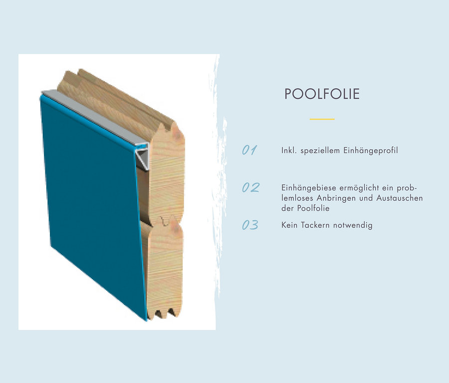 Detailansicht einer Poolfolie mit Beschreibung der Eigenschaften.