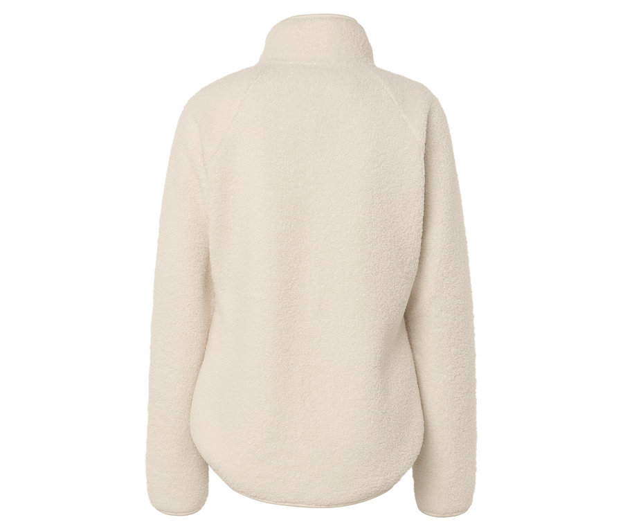 Rückansicht einer cremefarbenen Fleecejacke mit Reißverschluss.