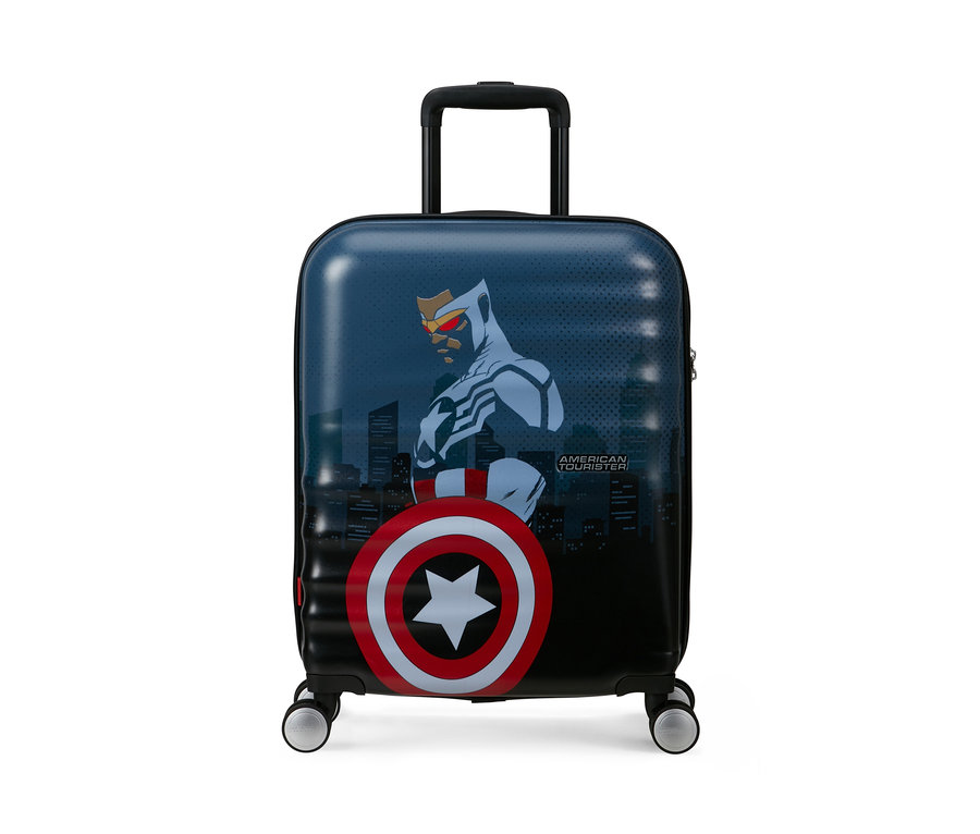 Ein kleiner American Tourister Wavebreaker Koffer mit Captain America Motiv.