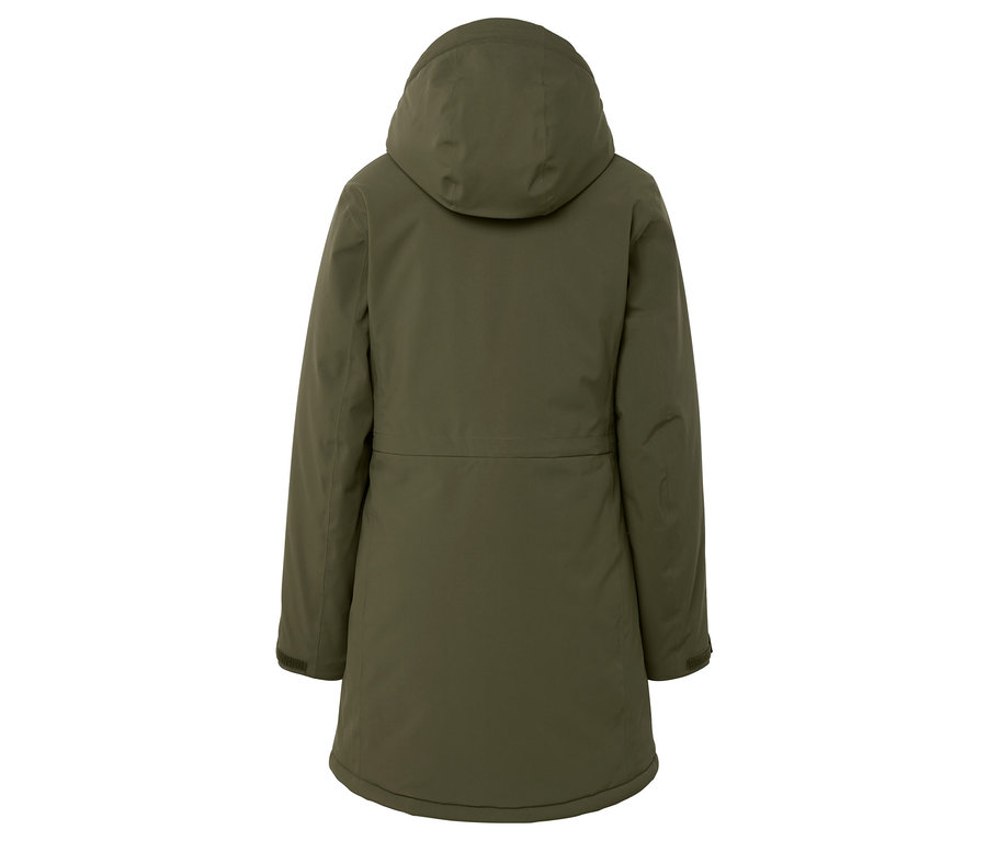 Rückansicht einer olivgrünen Winterjacke mit Kapuze.