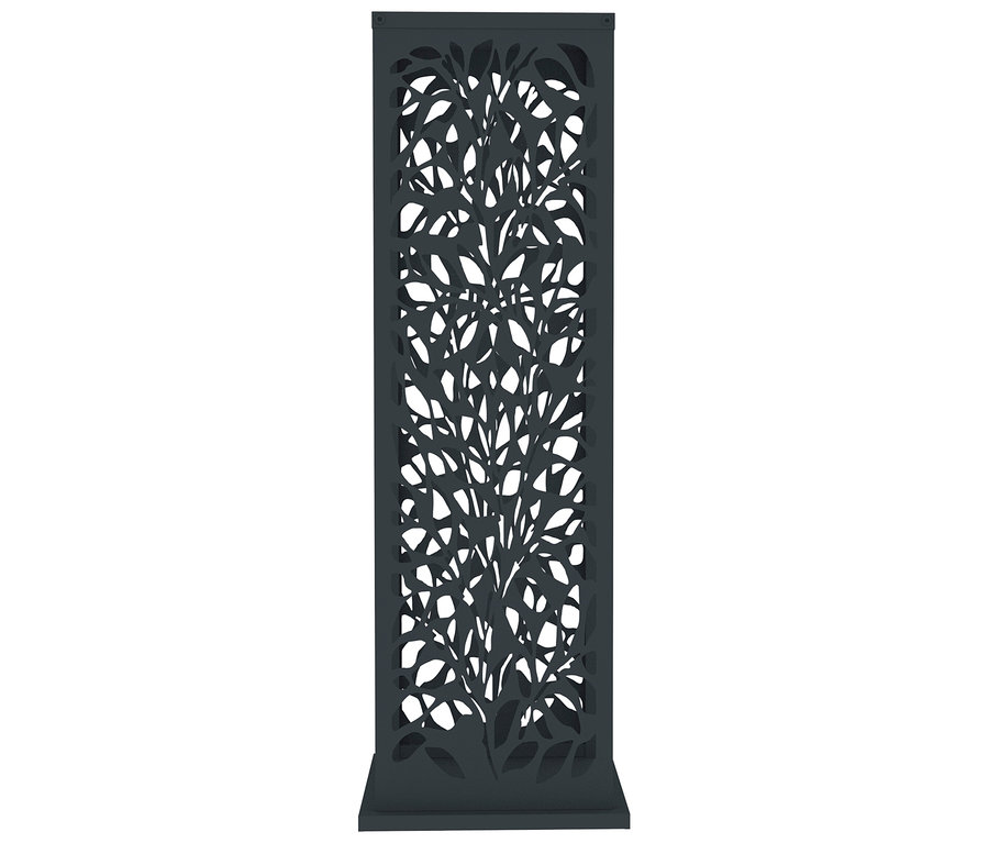 Dekoratives, rechteckiges Sichtschutzelement mit einem ausgeschnittenen Blattmuster.