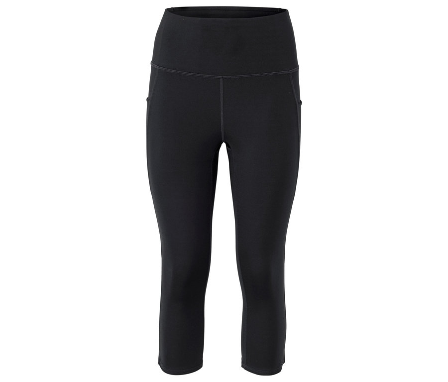 Schwarze, knielange Leggings mit hohem Bund.