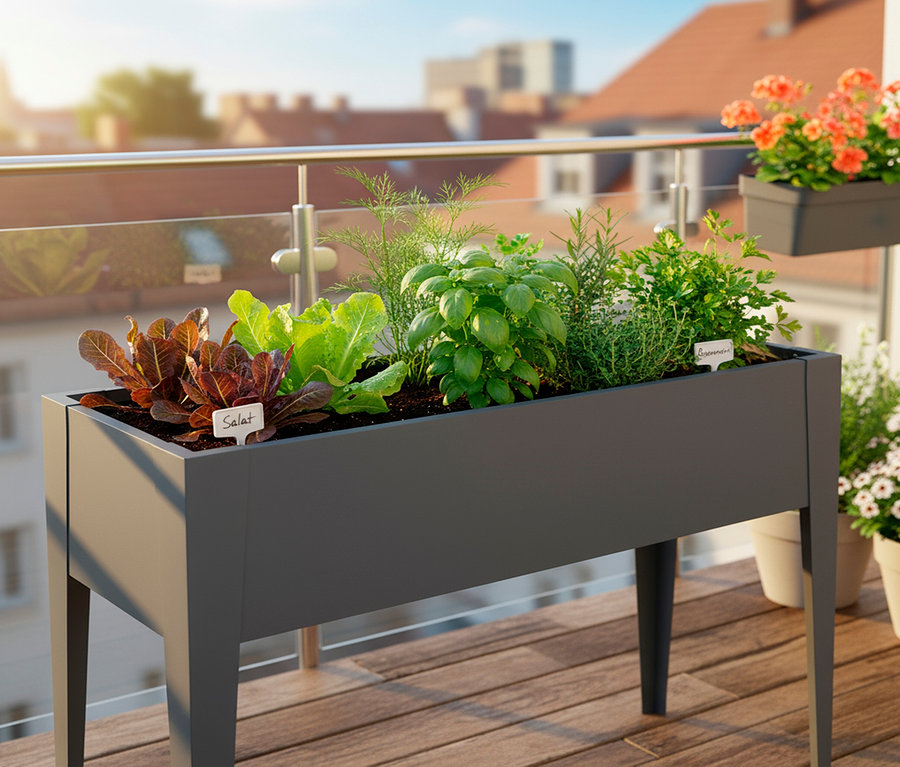 Aufnahme eines erhöhten grauen Gartenbeets mit Salat, Basilikum und Kräutern auf einem sonnigen Balkon.