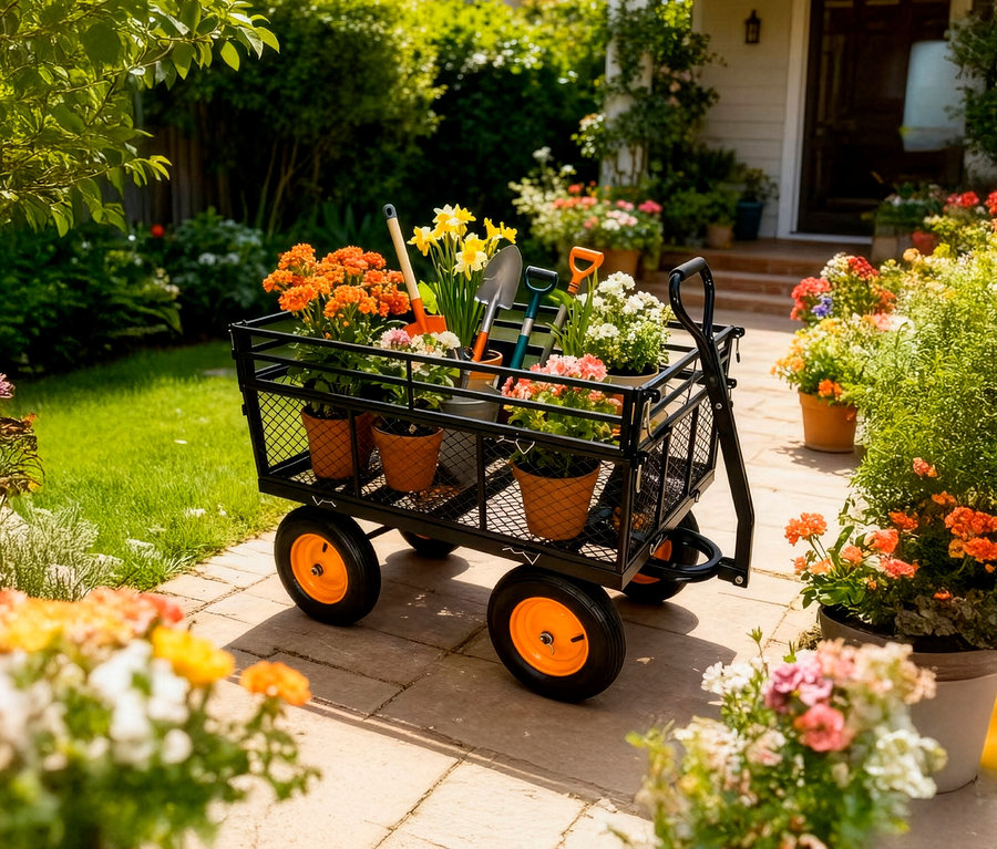 Ein schwarzer Gartenwagen mit orangefarbenen Rädern steht auf einem Steinweg, beladen mit Blumentöpfen und Gartengeräten.