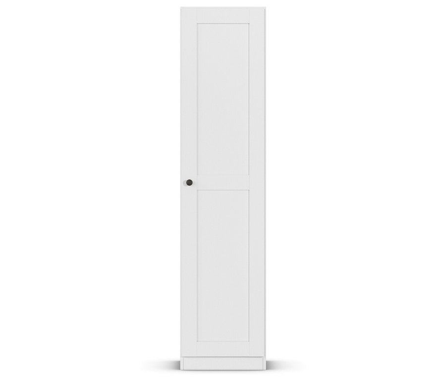 Weißer, schmaler Schrank mit einer Tür und einem runden, schwarzen Türknauf.