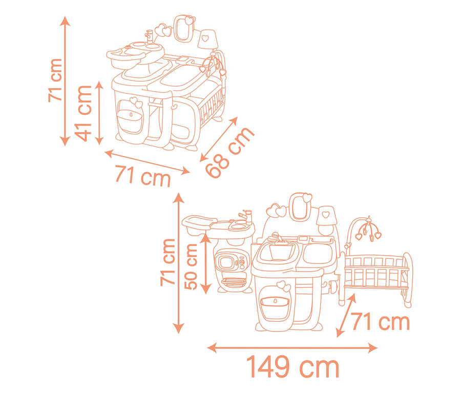 Detaillierte schematische Zeichnung eines Kinderzimmer-Spielsets mit Wickeltisch, Waschbecken und Kinderbett, mit Maßangaben.