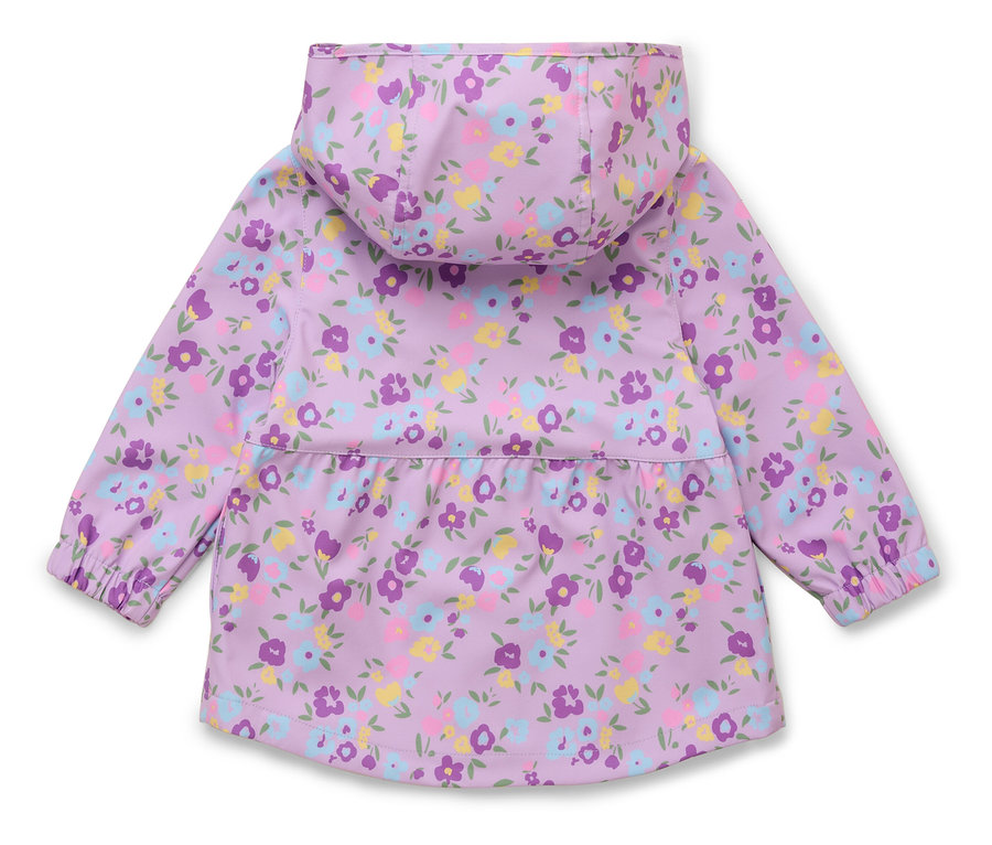 Lila Kinderregenjacke mit Blumenmuster, Rückansicht.