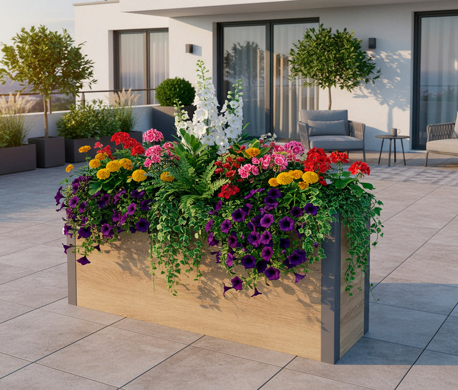 Pflanzkasten mit Einlegeboden in Holzoptik, Höhe ca. 52cm, gefüllt mit bunten Blumen.