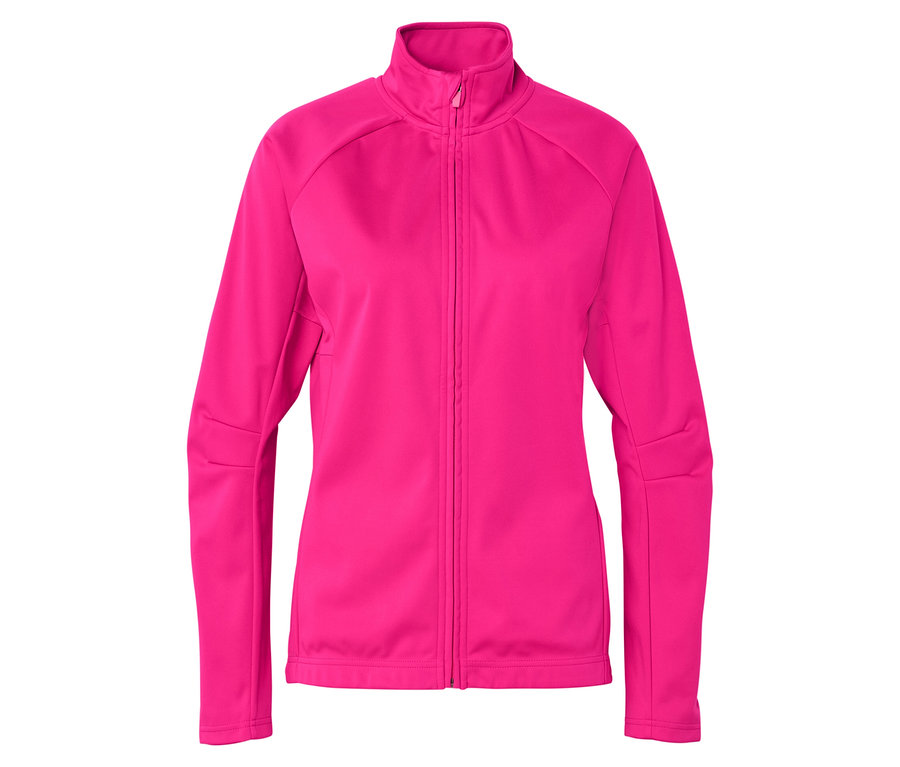 Eine pinke Fleecejacke mit durchgehendem Reißverschluss wird vor einem weißen Hintergrund gezeigt.