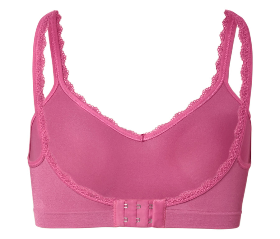 Rückansicht eines pinkfarbenen BHs mit Spitzenbesatz.