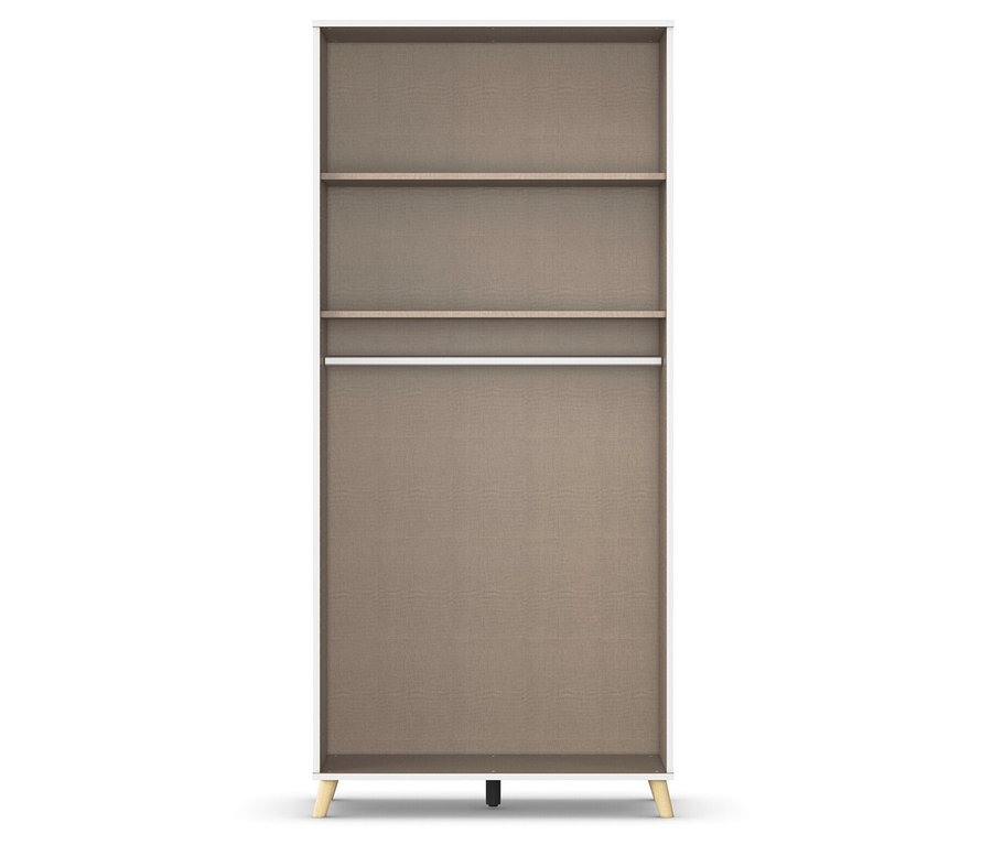 Ein weißer Schrank mit braunen Regalen und einem braunen Hintergrund.