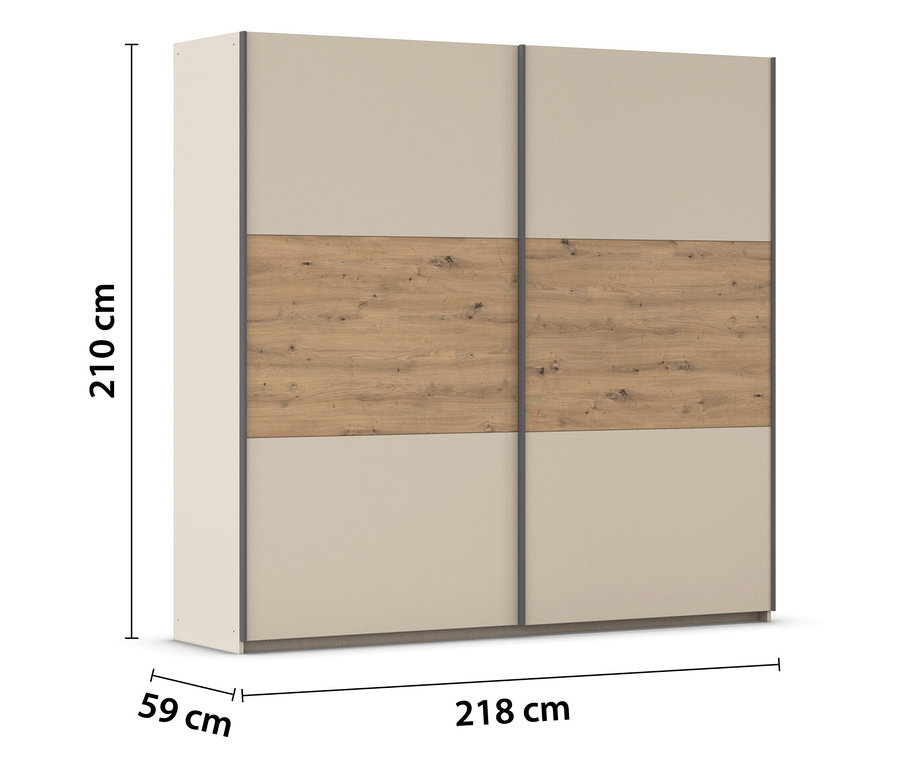 Ein Schrank mit Schiebetüren in Beige und Holzoptik steht vor einem weißen Hintergrund. Die Maße sind 210 cm Höhe, 218 cm Breite und 59 cm Tiefe.