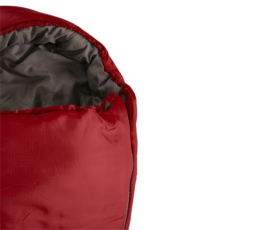 Nahaufnahme vom oberen Teil eines roten Grand Canyon Kinder-Schlafsacks »Fairbanks« mit grauem Innenfutter.