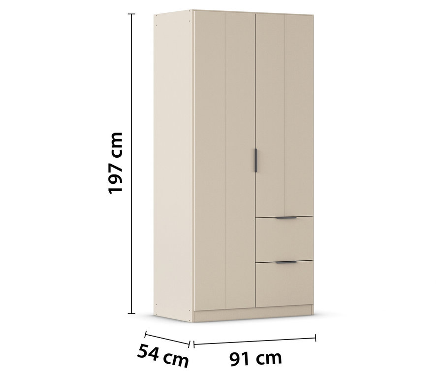 Beiger Kleiderschrank mit zwei Schubladen und zwei Türen, Maße 197 x 91 x 54 cm.