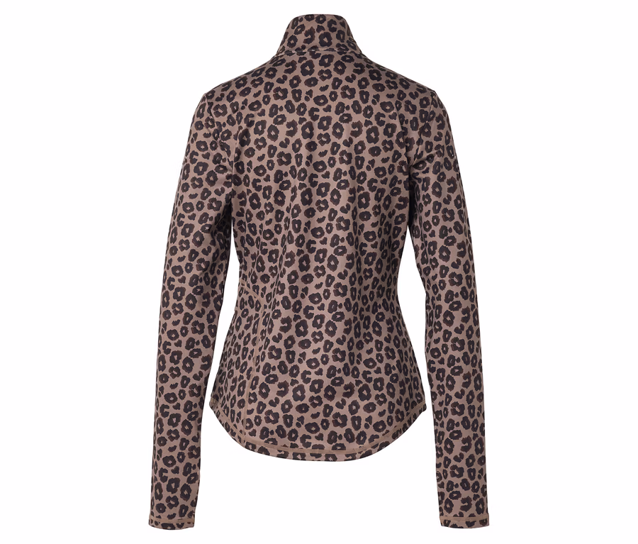 Rückansicht einer langärmligen, hellbraunen Jacke mit Leopardenmuster und Stehkragen.