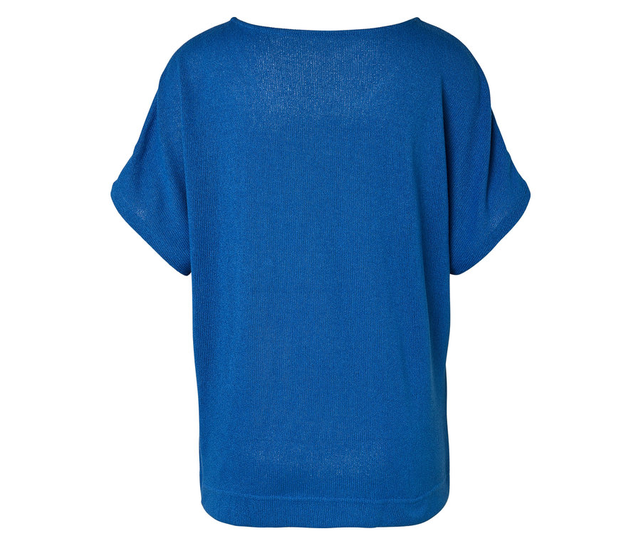 Rückansicht eines kurzärmeligen, kobaltblauen Strickoberteils.