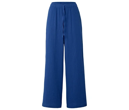 Blaue Web-Musselin-Relaxhose mit weitem Bein und Kordelzug in der Taille.