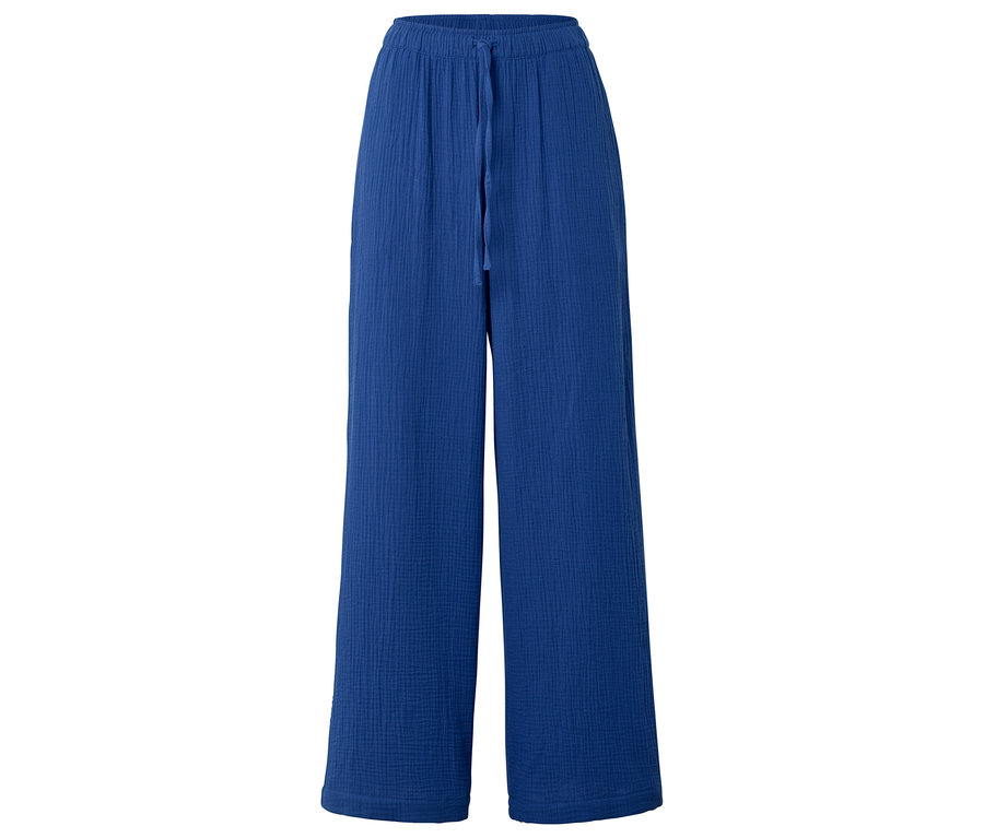Blaue Web-Musselin-Relaxhose mit weitem Bein und Kordelzug in der Taille.