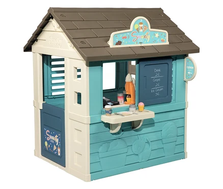 Das Smoby Life Spielhaus »Sweety Corner« in Türkis und Beige hat eine Theke mit Kreidetafel und Spielzeug-Eis, Getränken und Crêpes.