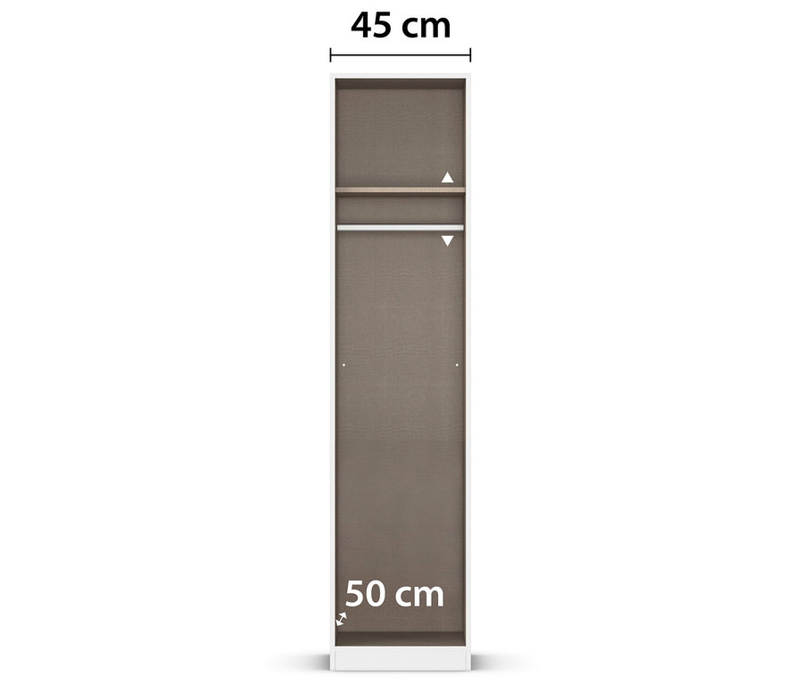 Dunkelbrauner, schmaler Schrank mit zwei Regalböden, der 45 cm breit und 50 cm tief ist.