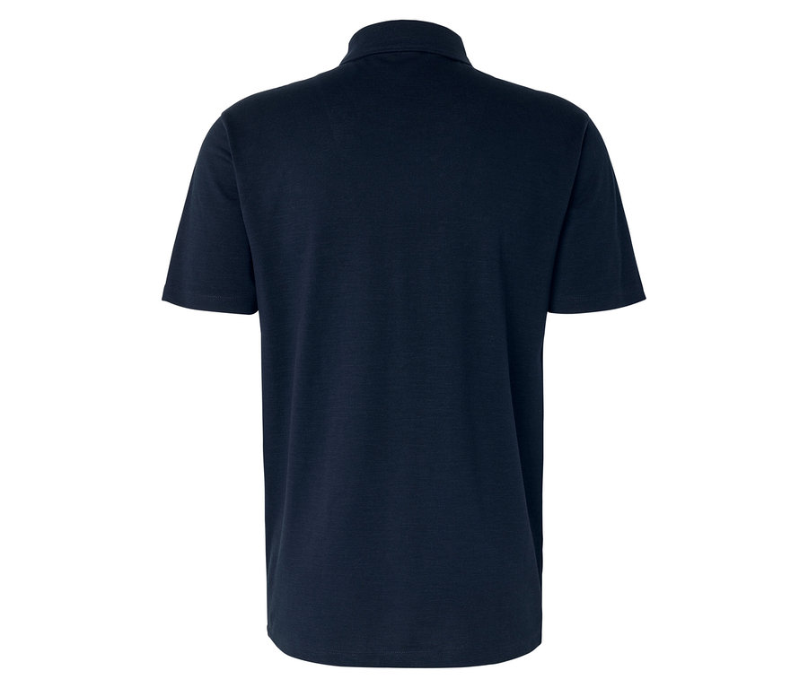 Rückansicht eines dunkelblauen Poloshirts mit kurzen Ärmeln und Kragen.