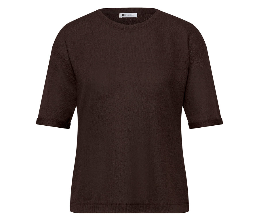 Dunkelbraunes Street One T-Shirt mit Strukturmuster, Rundhalsausschnitt und umgeschlagenen Ärmeln.