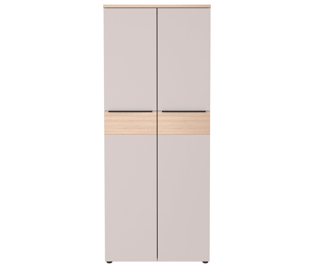 Mittlerer Aktenschrank »Oviedo« mit vier grauen Türen und einer hellbraunen Holzstruktur in der Mitte.