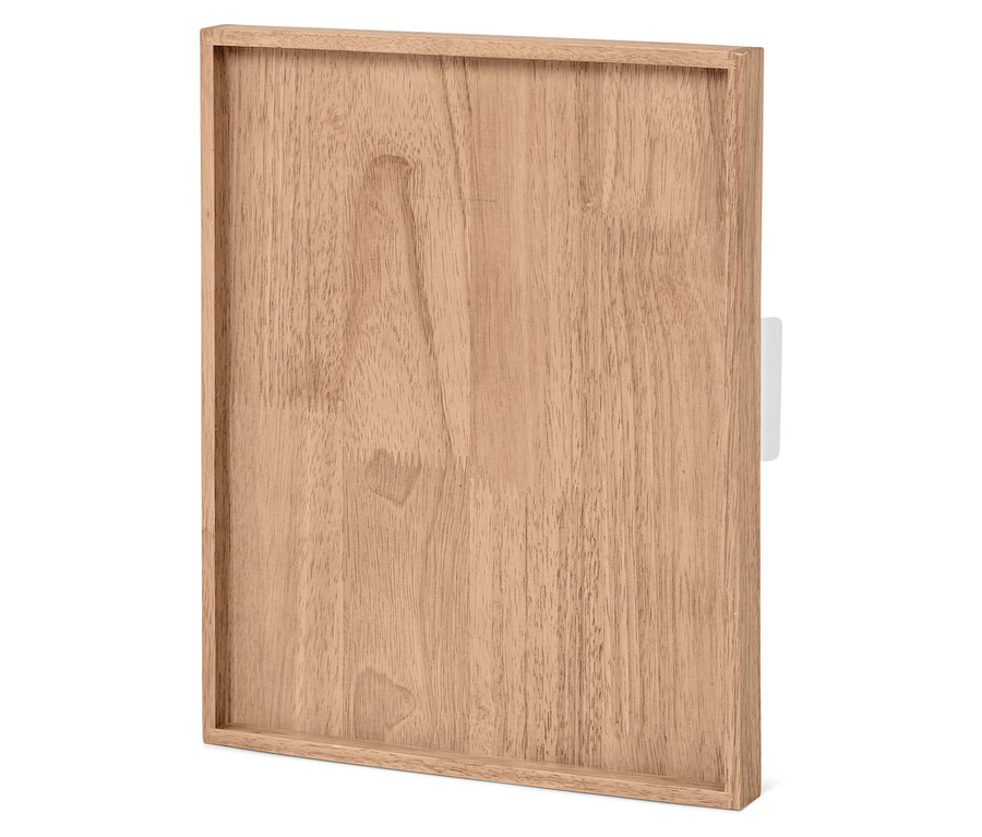 Rechteckiges Holztablett mit Rahmen und Maserung.