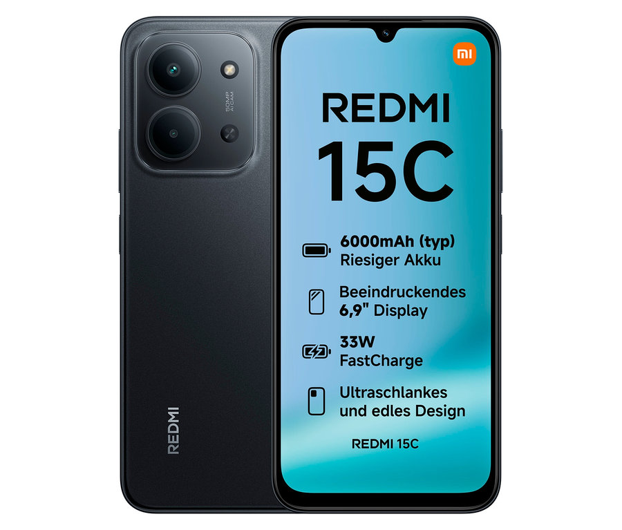 Das Xiaomi Redmi 15C 128 GB in der Farbe Midnight Black ist zu sehen. Das Smartphone hat eine Dual-Kamera.