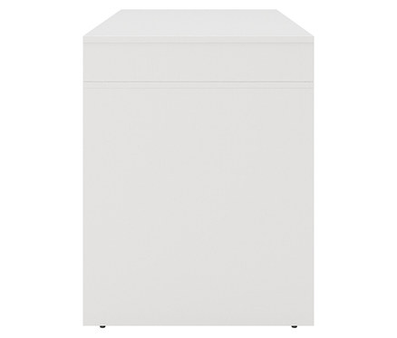 Weißer Nachttisch mit Schublade vor weißem Hintergrund.