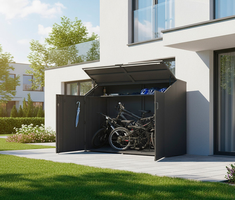 Offener, grauer Fahrradschuppen mit zwei Fahrrädern vor einem modernen, weißen Haus.