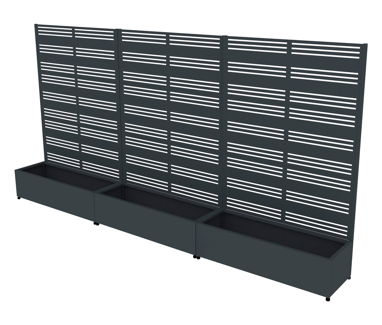 Drei graue Pflanzkästen mit Sichtschutzwandelement stehen nebeneinander.