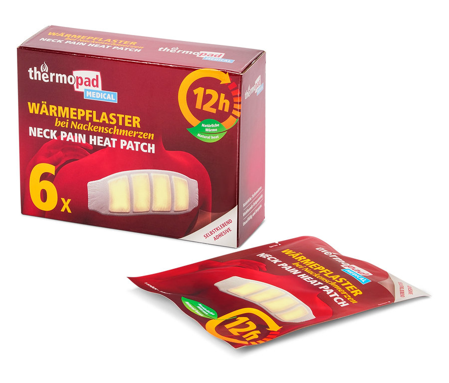 Eine Packung und ein einzelnes Thermopad MEDICAL Wärmeplaster bei Nackenschmerzen sind zu sehen.