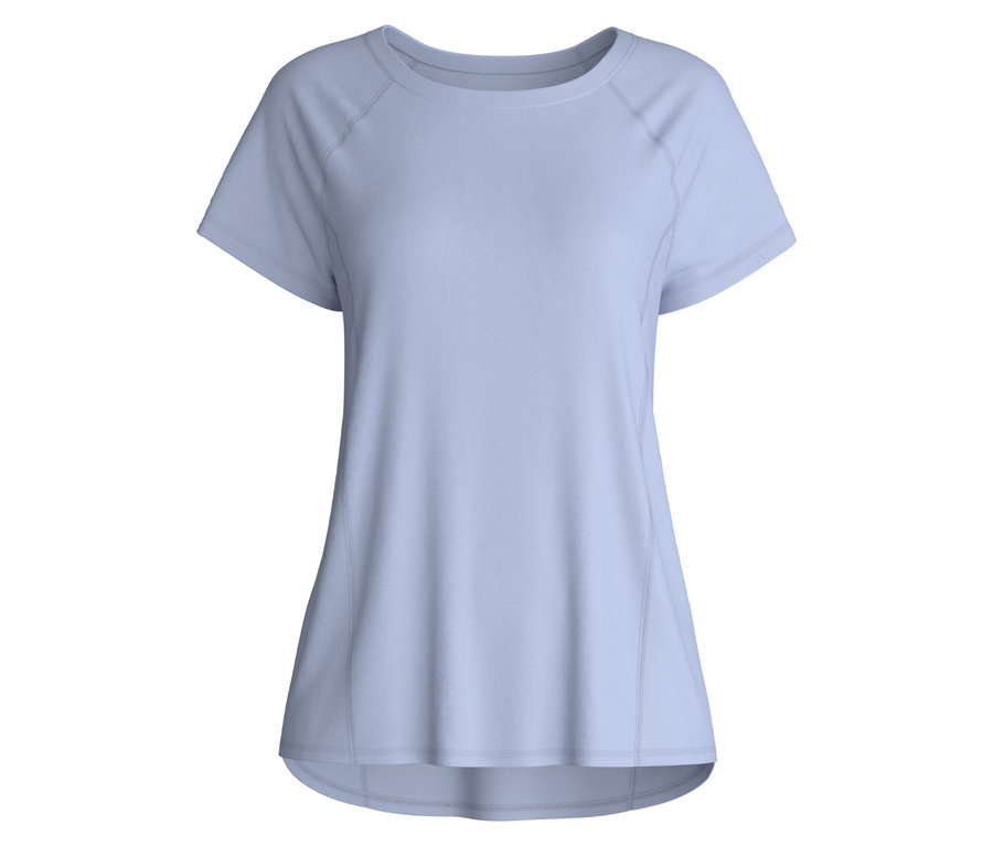 Helles, blaues, kurzärmeliges, glattes T-Shirt.
