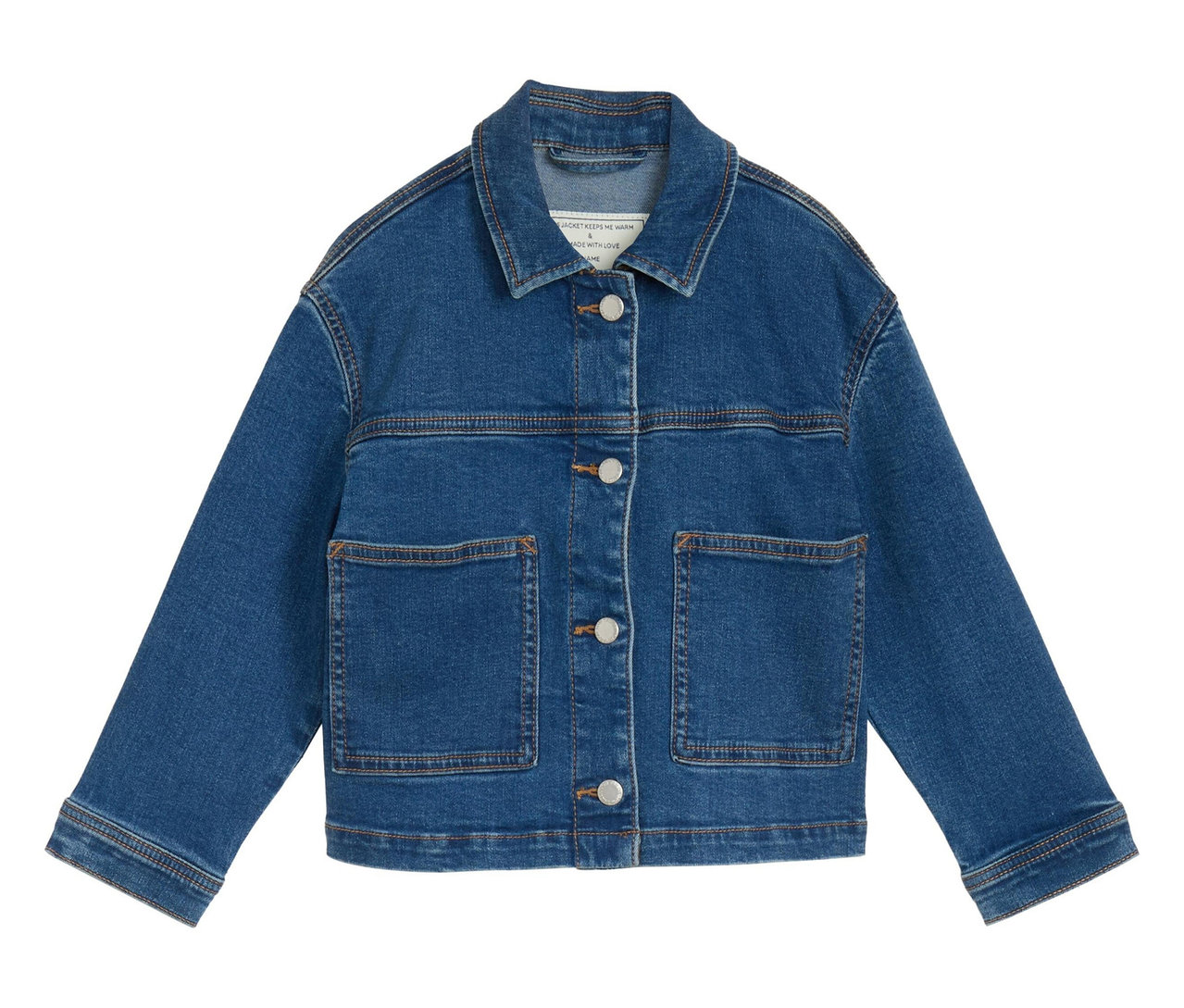 Die Tom Tailor Kinder-Basic-Jeansjacke ist blau und hat silberne Knöpfe, zwei Brusttaschen und einen Kragen.