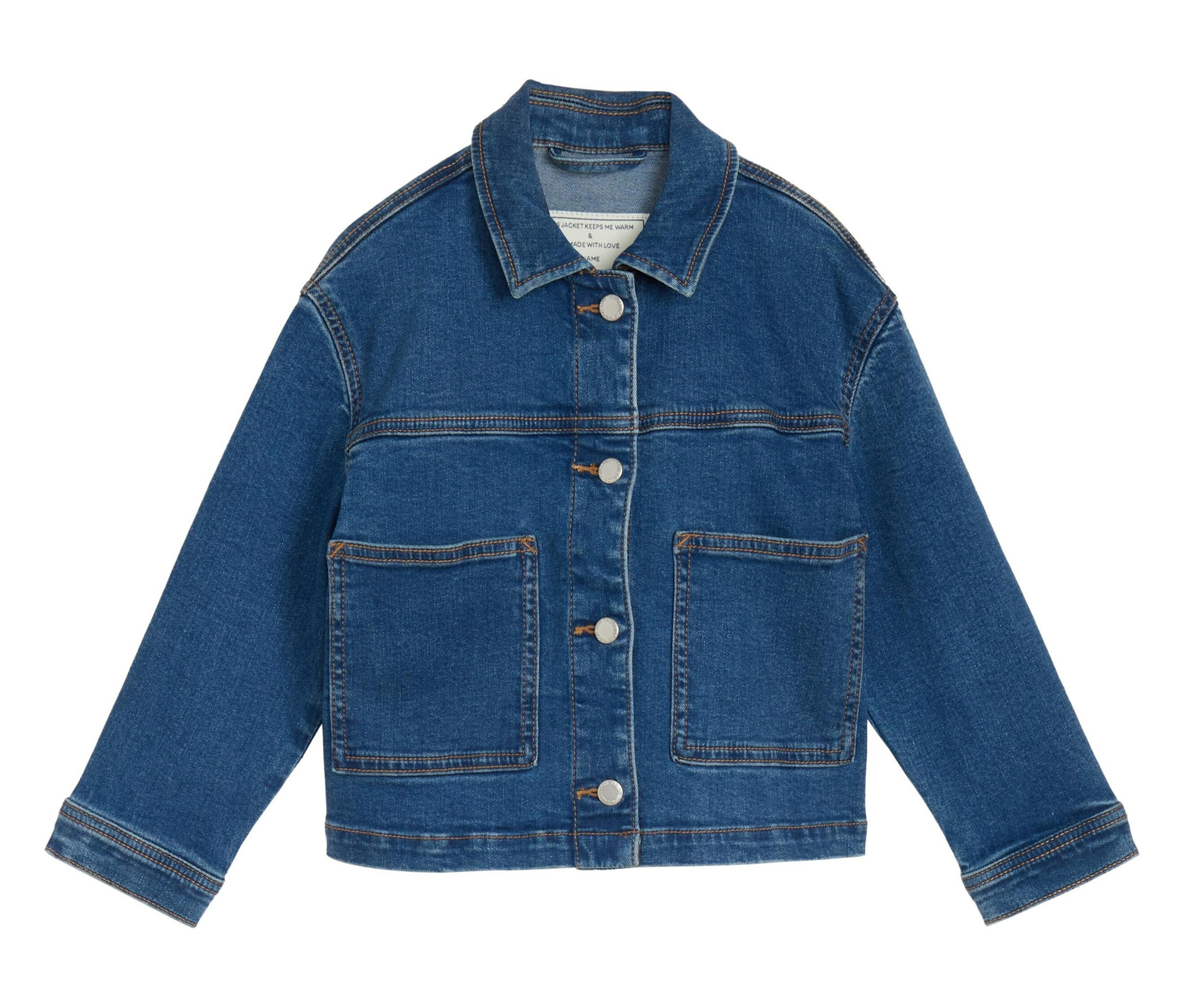 Die Tom Tailor Kinder-Basic-Jeansjacke ist blau und hat silberne Knöpfe, zwei Brusttaschen und einen Kragen.