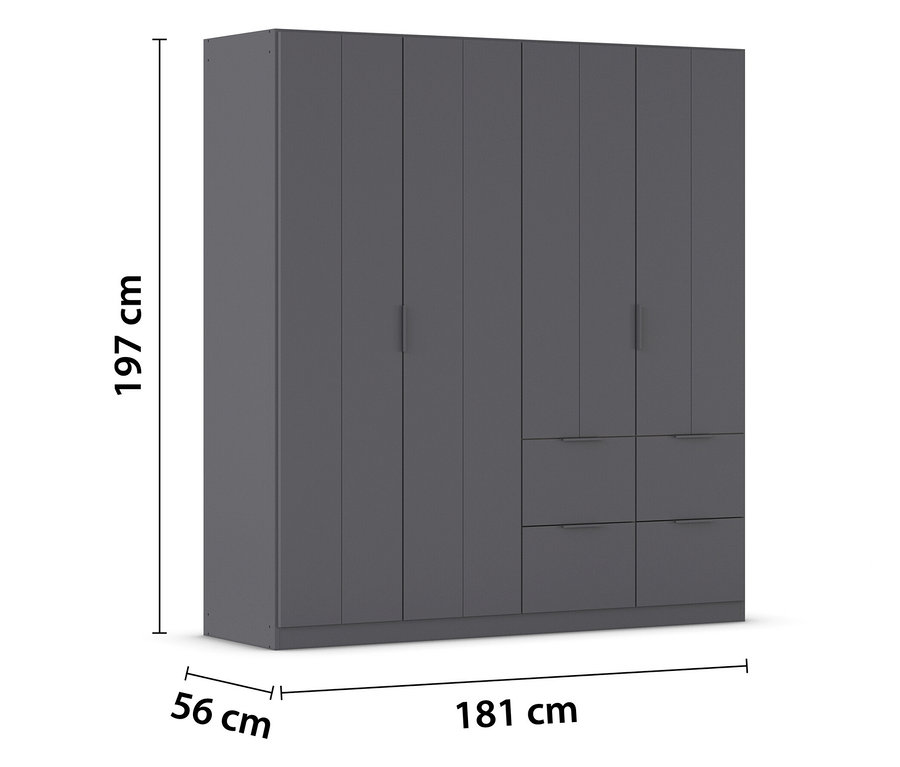 Grauer Kleiderschrank mit sechs Türen und drei Schubladen, Maße: 197 cm hoch, 181 cm breit und 56 cm tief.
