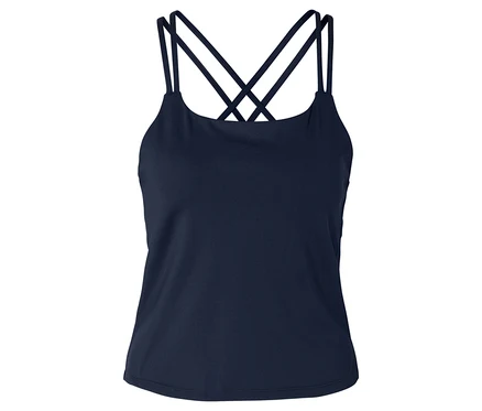 Dunkelblaues Tanktop mit dünnen, gekreuzten Trägern vor einem weißen Hintergrund.