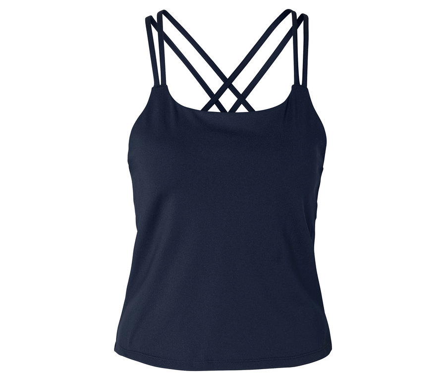 Dunkelblaues Tanktop mit dünnen, gekreuzten Trägern vor einem weißen Hintergrund.